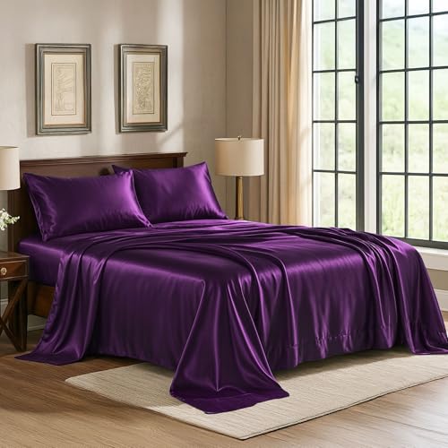 Pure Bedding 4 Piece Satin Fitted Sheets Purple Luxury Stain Resistant - Deep Pocket Fitted Sheet, Flat Sheet and Pillowcases