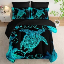 AILONEN Aqua Blue Black Turtle Comforter Set Queen,7-Piece Soft Bed in a Bag for Kids Teen,Ocean Shell Sea Turtle Comforter & Fitted Sheet with Flat Sheet & 2 Pillowcases,2 Pillow Shams for Bedroom