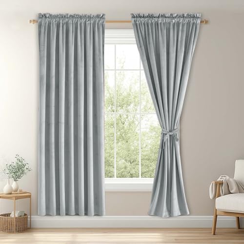 JIUZHEN Velvet Blackout Curtains for Bedroom - 63 inches Thermal Insulated Room Darkening Rod Pocket Drapes for Office/Party, Set of 2 Panels with Tiebacks, 52W x 63L, Silver Grey