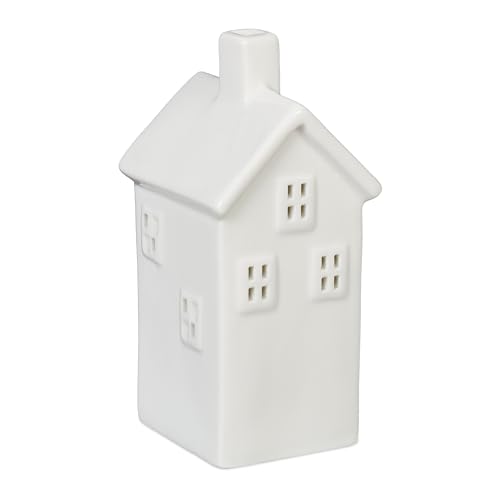 Relaxdays Tealight House Ceramic, Light through Windows, for 1 Candle, HxWxD: 14.5 x 6.5 x 7 cm, Table Decoration, White