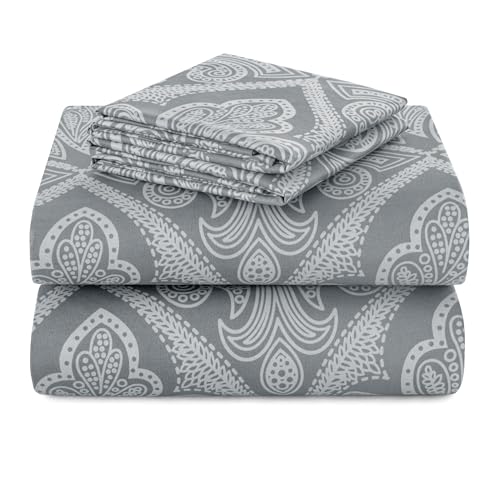 Hannah Linen Paisley King Sheet Set, 4 PC Soft Microfiber Wrinkle Free Sheets - Luxurious Printed Bed Sheets Includes Flat Sheet, Fitted Sheet with Deep Pockets, & 2 Pillowcases - Grey
