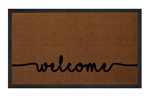 Hanse Home Printy Doormat for Indoor and Outdoor Use, 45 x 75 cm, Dirt Trapper Mat, Cosy Welcome with Lettering, Washable and Weatherproof, Non-Slip for Entrance Area and Outdoor Use - Light Brown