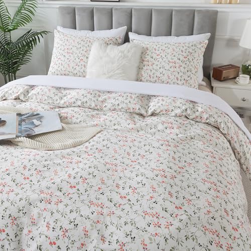 HoneiLife Duvet Dover King Size - 100% Cotton Comforter Cover Floral Duvet Cover Sets, Breathable Duvet Cover with Zipper Closure & Corner Ties, 3-PC Wildflower Comforter Cover Sets, Red Bean
