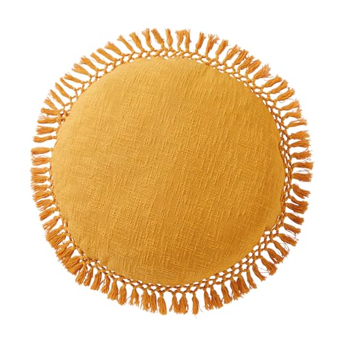 "Indigo Ink Throw Pillow Cotton Boho Couch or Bed, Modern Decorative Pillow with Tassels, 20"" Round, Tufted Medallion"
