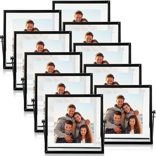Hoteam 12 Pack 4 x 4 Inches Floating Frame Glass Photo Frame Collection Vintage Metal Minimal Ornate Easel for Pictures Photos Desk Tabletop Display(Black)