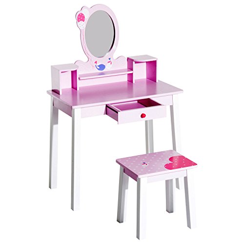 HOMCOM Kids Wooden Dressing Table and Stool Make Up Desk (Pink)