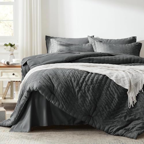 Zzlpp 7 Piece Dark Grey Seersucker Bedding Set with Comforter and Sheets, All Season Bedding Set with 1 Comforter, 2 Pillow Shams, 2 Pillowcases, 1 Flat Sheet, 1 Fitted Sheet