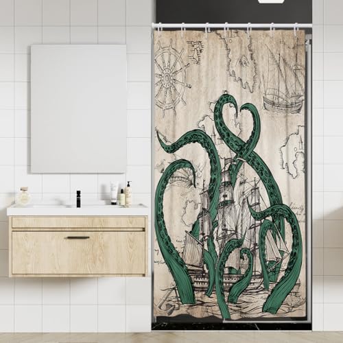 Coxila Nautical Octopus Shower Curtain Stall Small Single Mini Vintage Ocean Fun Funny Kraken Pirate Sea Ship Life World Map Mens Anime Monster Cool 36 x 72 Inch Polyester Fabric 7 Pack Hooks