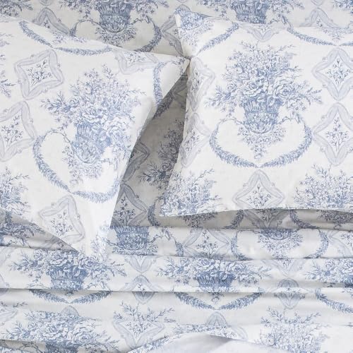 "DAUAOTO King Size Cotton Bedding Printed Sheets Set, Up to 14"" Deep Mattress, Farmhouse Country Cottage Pattern Bedlinen Sets, French Blue"