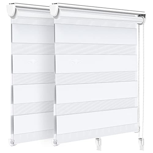 VOUNOT® Set of 2 Day and Night Blinds No Drill, Zebra Roller Blinds for Windows, Double Layer Translucent and Blackout Fabric, Easy Installation Window Shades, White, 90 x 150 cm