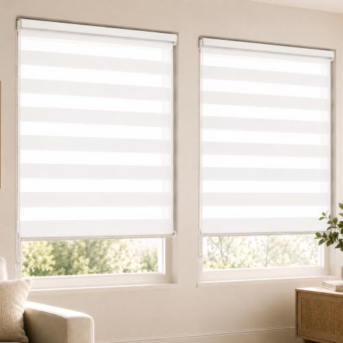 VOUNOT® Set of 2 Day and Night Blinds No Drill, Zebra Roller Blinds for Windows, Double Layer Translucent and Blackout Fabric, Easy Installation Window Shades, White, 90 x 150 cm