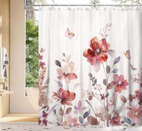 YDIDIAN Red Floral Shower Curtain, Farm Watercolor Flower Leaves and Butterfly on Country Shower Curtain for Bathroom, Rustic Farmhous Waterproof Fabric Shower Curtain with 12PCS Hooks, 70X75IN
