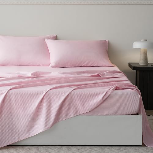JELLYMONI 100% Cotton Sheet Set, Pink Thin Striped, King - Soft breathable cotton, Deep pocket fit, Envelope closure, Bedroom refresh, All-Season Comfort