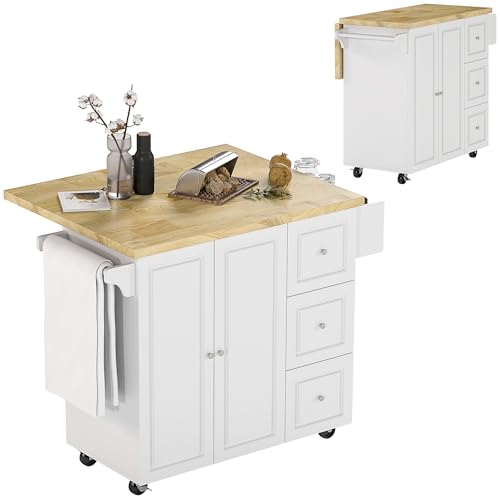 HOMCOM Kitchen Island on Wheels with Drop Leaf, Rubber Wood Top, White