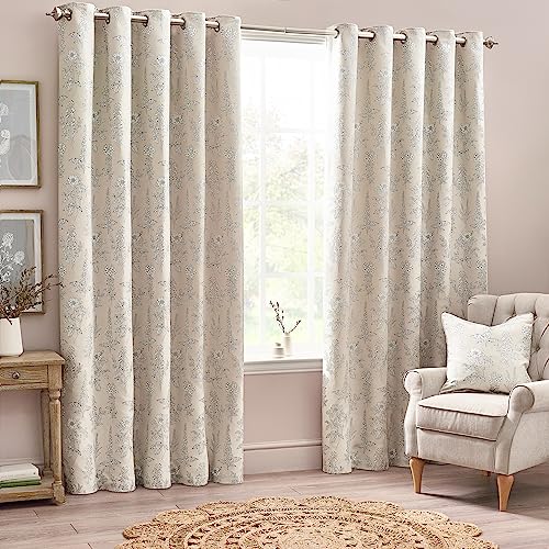 furn. Wylder Sophia Eyelet Curtain Pair – Room Darkening Jacquard Botanical Embroidered Lined Luxury Curtains (Natural – Width 117 x Drop 183cm)