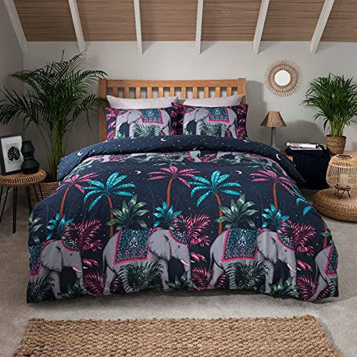 Sleepdown Jungle Elephant Navy Blue Pink Reversible Night Sky Duvet Cover Quilt and Pillow Case Bedding Set Soft Easy Care - Single (135cm x 200cm)