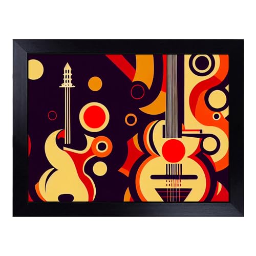 Lap Tray with Bean Bag Cushion, Art Deco Guitar - Handmade in the UK, Raised Wooden Edge, Padded Cushion, Heat-Resistant Wipe-Clean Surface, for Meals, Laptops and Crafts