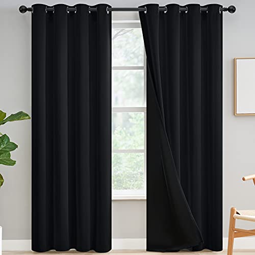 Yakamok 100% Blackout Curtains for Bedroom 96 Inch Length, Total Light Blocking Drapes, Full Room Darkening Thermal Insulated Solid Grommet Panels for Living Room, 52Wx96L, Black, 2 Panels