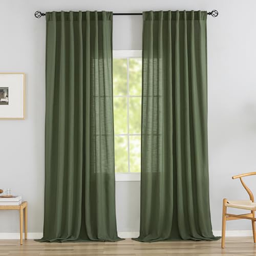 "Olive Linen Back Tab Curtains 132 Inches Extra Long Ceiling to Floor for Villa Farmhouse -2 Panels Hooks Belt Pinch Pleated Easy Sliding Curtains Light Filtering Semi Sheer Drapres 52"" x 132"" Length"