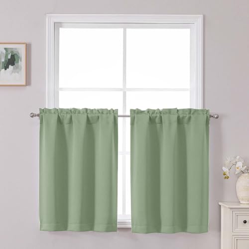 Chyhomenyc Short Blackout Curtains 30 Inch Length - Small Room Darkening Thermal Insulated Half Window Curtains for Kitchen Basement Cabinet Camper Bathroom, 2 Panels, 30Wx30L, Light Green