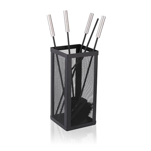 Relaxdays fire tools, 5-piece set, poker, ash shovel, brush, tongs & holder, fireplace set, black/silver