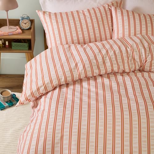 Duvet Day Hettie Duvet Cover Set – Reversible Ultra Soft Striped Seersucker Effect Bedding Set (Orange/Pink - King)