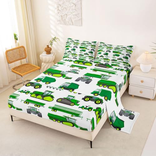 Excavator Car Fitted Sheet Cartoon Construction Truck Vehicle Sheets Set Kids Boys Green Yellow Equipment Trucks Top Sheet Queen Tractor Heavy Machinery Children Kid's Flat Sheet Room Decor
