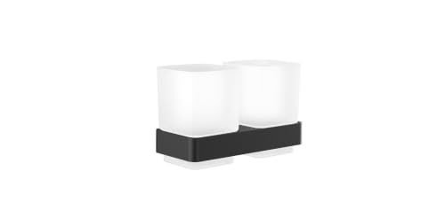 Emco Loft Double Glass Holder with 2 Glasses, Wall Mounted, Elegant Toothbrush Holder Made of Aluminium and Crystal Glass, Toothbrush Tumbler, Matte Black and Satin Finish, 18 cm