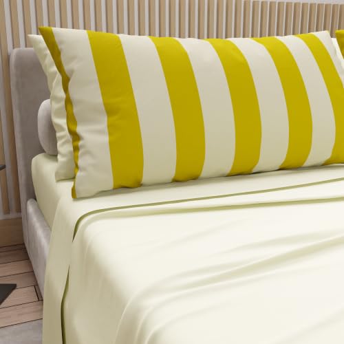 PETTI Artigiani Italiani - Cotton Sheets, Bed Set with Pillowcases in Digital Print Stripes Yellow Ochre/Cream - Double - Made with Love in Italy since 1968