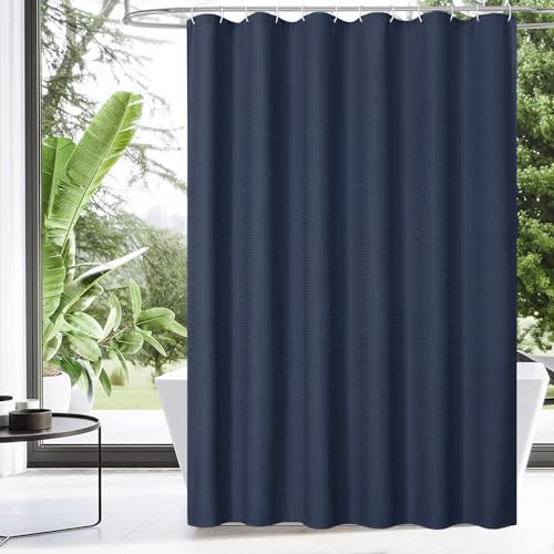MitoVilla Extra Long Shower Curtain 72 x 84, Blue Farmhouse Fabric 84 inch Shower Curtain, Navy Blue Modern XL Shower Curtains for Bathroom Decor, Weighted Shower Curtain Set with s