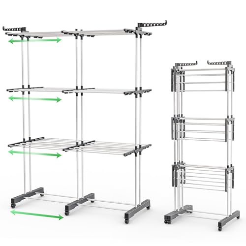 VOUNOT?? Large Capacity 4 Tier Clothes Airer, Extendable Laundry Drying Rack Stainless Steel Clothes Horse with Foldable Wings, Telescopic Rod for Indoor Outdoor, White