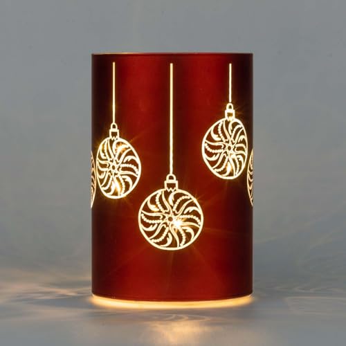 SHATCHI 17cm Christmas Decorated Vase Table Lamp Etched Glass Tube Xmas Red Cylinder LED Fairy Lights Battery Operated Table Decoration, Baubles