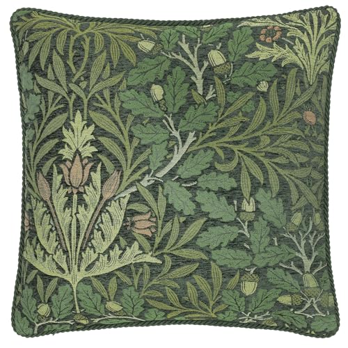 Morris&Co. Acorn Feather Rich Filled Cushion – Piped Jacquard Woodland Pillow with Rope Trim (Thyme/Forest - 55x55cm)