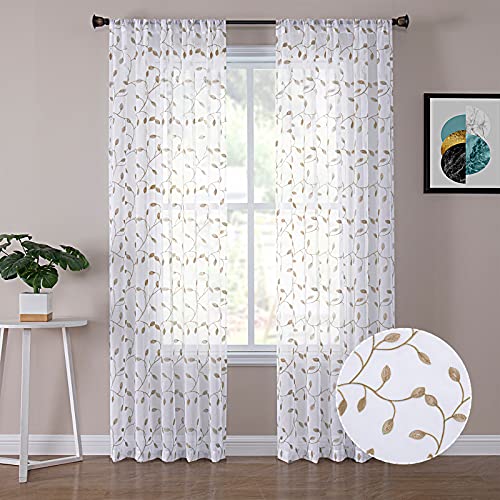Tollpiz Leaves Sheer Curtain Taupe Leaf Embroidery Living Room Curtains Rod Pocket Voile Faux Linen Embroidered Leaves Curtain for Bedroom, 54 x 95 inches Long, Set of 2 Panels