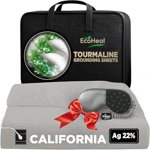 ECOHEAL Grounding Sheet with 20% Silver Fiber and Tourmaline Cotton ??? Fitted Conductive Bed Sheet with Grounding Cord, Eye Mask, and Tester ??? Earth Connection Sheet (Beige, California)