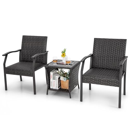 RELAX4LIFE 3 PCS Rattan Garden Furniture Set, Outdoor Bistro Set with 2 Tier Tempered Glass Table & Padded Seat, Wicker Patio Conservatory Table and Chairs Set for Porch Yard Balcony