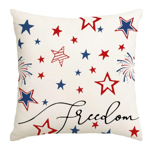 RABUSOFA 4th of July Memorial Day Patriotic Throw Pillow Cover,20x20 Inch Red White and Blue Birds Flowers Independence Day American Fourth of July Decoration for Sofa Couch Beige
