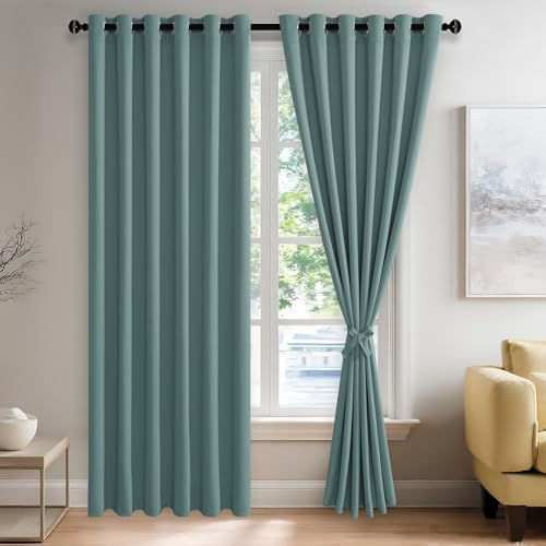 JIUZHEN Stone Blue Blackout Curtains with Tiebacks Thermal Insulated, Light Blocking and Noise Reducing Grommet Curtains for and Living Room, Set of 2 Window Curtain Panels, 70 x 84 Inch Length