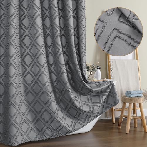 OWENIE Solid Grey Fabric Shower Curtain for Bathroom, Farmhouse Boho Shower Curtain- Soft Cloth & Hotel Spa Quality, Machine Washable Shower Curtain Sets with 12 Hooks, Grommets Top, 72Wx78L
