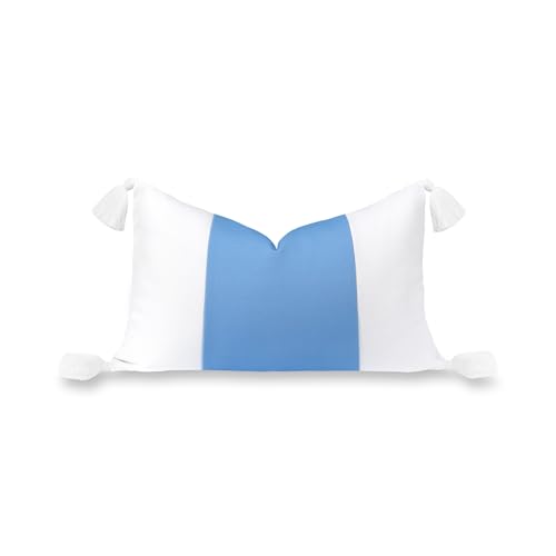 "Hofdeco Premium Coastal Hampton Patio Indoor Outdoor Lumbar Pillow Cover Only, 12""x20"" Water Repellent for Backyard, Couch, Poolside, Azure Blue Print Color Block"