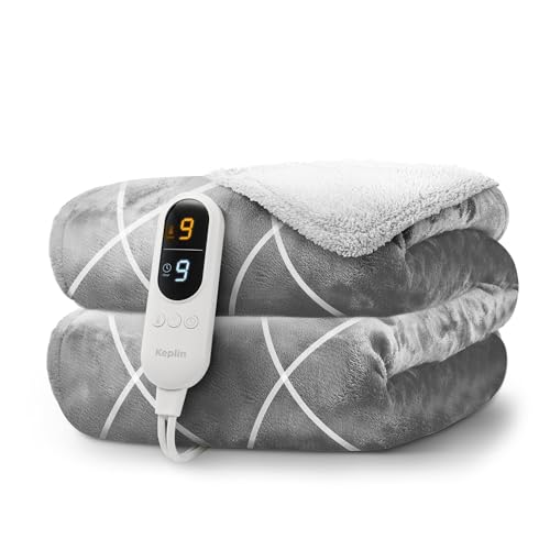 KEPLIN Large Electric Heated Throw Blanket - Electric Heated Blanket Throw for Bedspread 9 Heat Settings & Timer, Machine Washable Fleece Wool Duvet with 1 Year Warranty - Light Grey & Cream Sherpa