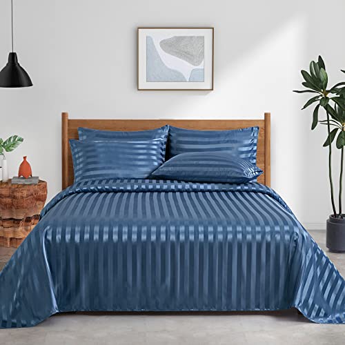 Pothuiny Satin Sheets Set 6 Pcs Striped Queen Size Blue Flint Blue Silky Luxury Bedding Set 1 Fitted Sheet + 1 Flat Sheet + 4 Pillow Cases