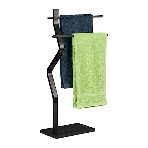 Relaxdays Towel Rack, 2 Rails, Free-Standing, 85 x 43.5 x 20 cm, Bathroom Stand for Bath Towels, Steel & MDF, Black