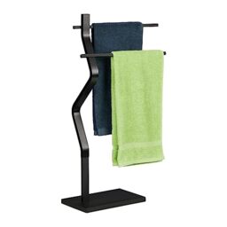 Relaxdays Towel Rack, 2 Rails, Free-Standing, 85 x 43.5 x 20 cm, Bathroom Stand for Bath Towels, Steel & MDF, Black