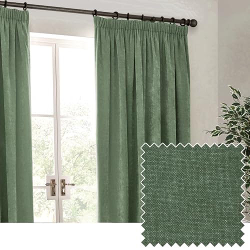 Yard Heavy Chenille Pencil Pleat Curtain Pair – Lined Room Darkening Soft Velvet Curtains (Eucalyptus - Width 229 x Drop 183cm)
