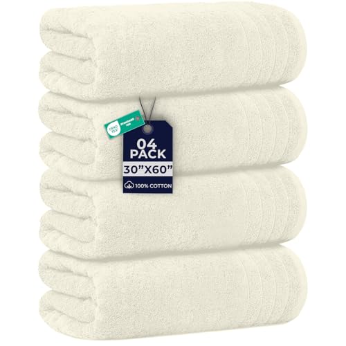 Dan River Bath Towels Set of 4, 30 x 60 Inches, 100% Cotton, Larger & Lighter Weight, Quicker to Dry, Super Soft and Absorbent, Ideal Hotel Towels for Daily Use, Ivory