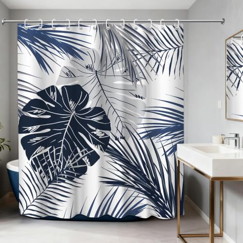 DLTAY Navy Blue Tropical Shower Curtain Palm Leaf Blue Gray Shower Curtain for Bathroom Decor, Waterproof Fabric Set with Hooks, 70 x 72 Inches