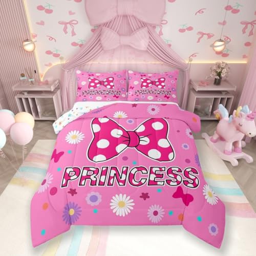 Pink Bowknot Kids Comforter Set Queen Size,Daisy Flowers Bow Tie Princess Cute Bedding Set,Girls Women Room Decor,Geometric Star Dot Patchwork Down Comforter,Romantic Duvet Insert,2 Pillowcases