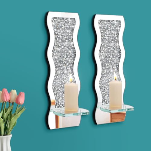 Pibeyer Mirrored Candle Sconces with Acrylic Diamond, Crushed Diamond Wall Candle Holders, Home D??cor