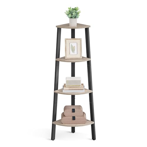 VASAGLE Corner Shelf Unit, 4-Tier Corner Shelf, Ladder Shelf for Living Room, Bookshelf or Plant Stand, Industrial Accent Furniture, Greige and Black LLS034M01